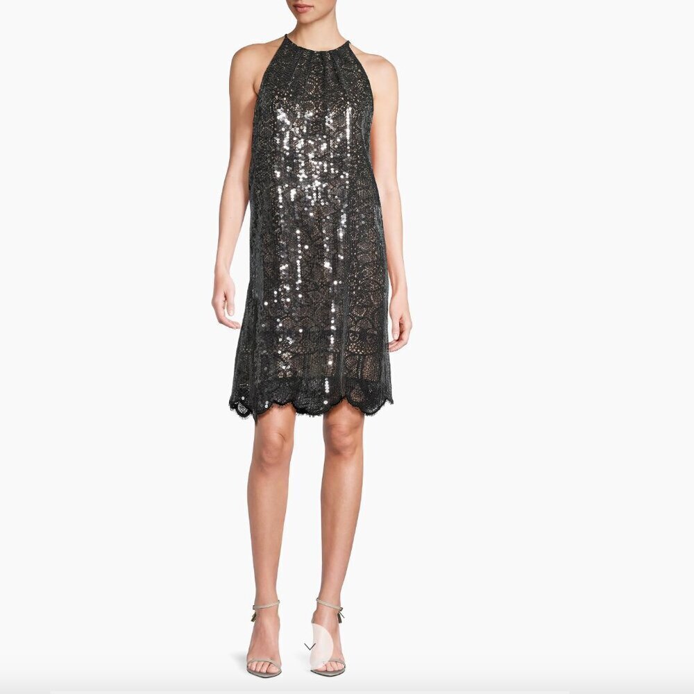 KOBI HALPERIN Maya Sequin and Lace Overlay Cocktail Dress Black Size S MSRP$798